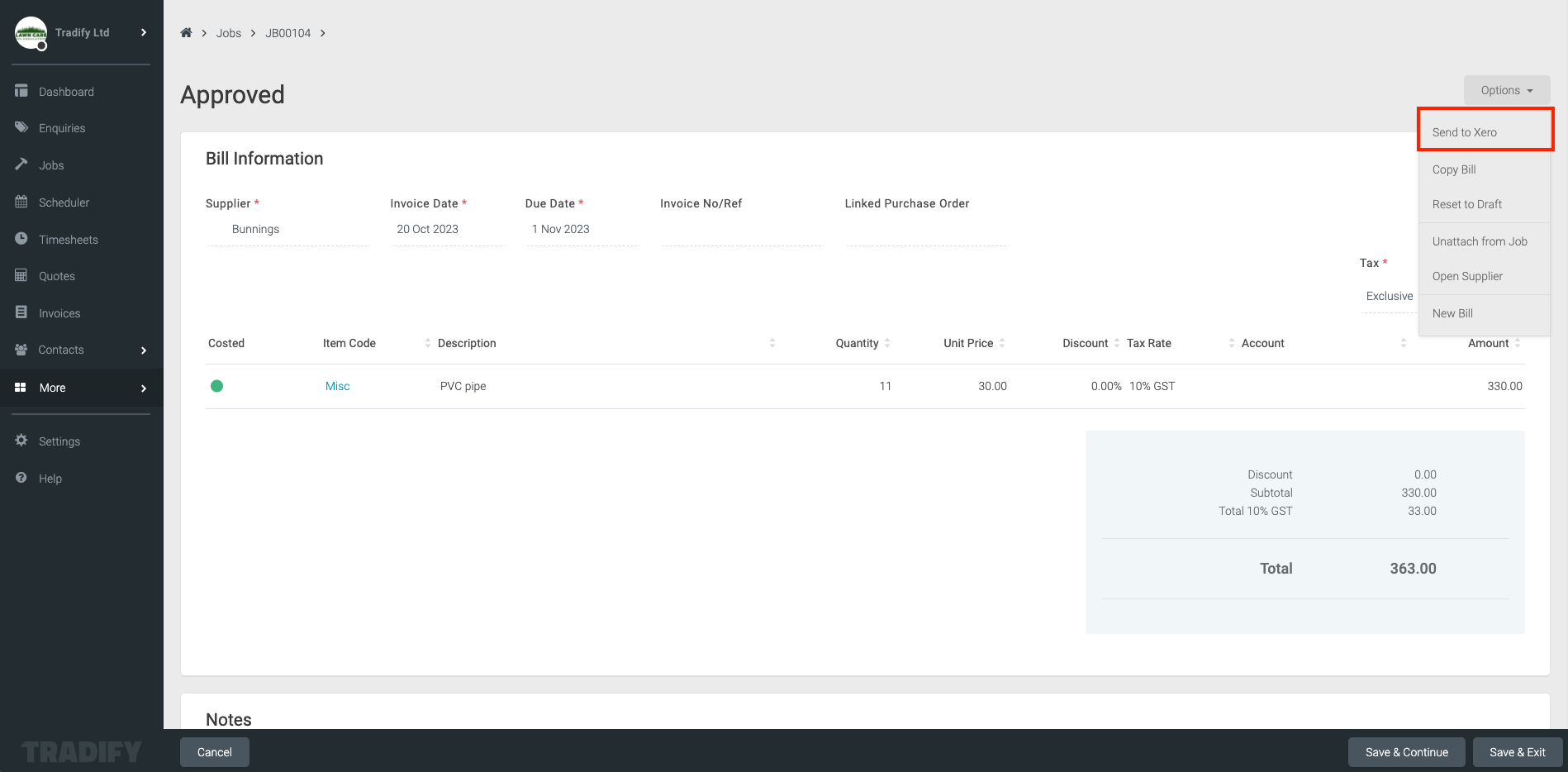 How to send a bill to xero tradify help centre